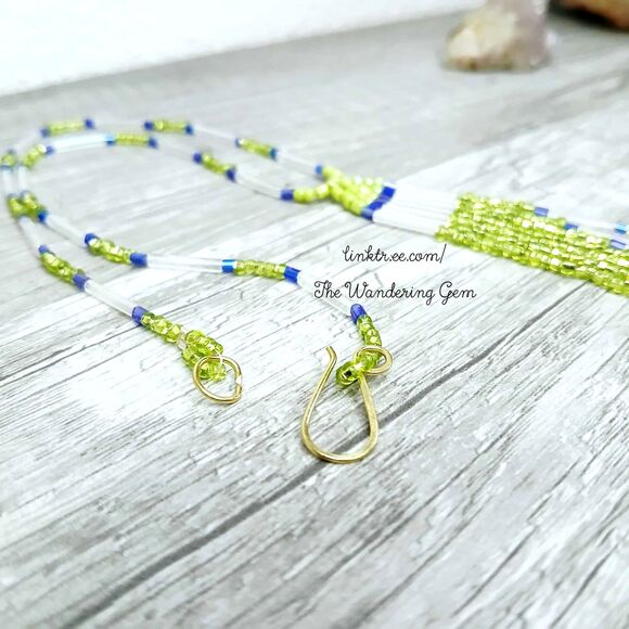 Green Beaded Fringe Cascade Choker Necklace, Boho Chic, OOAK, 15" - Picture 4 of 5